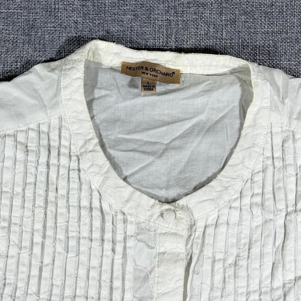 Hester & Orchard Floral Eyelet Blouse Women Large White Pintuck Boho Cottagecore - Picture 7 of 13